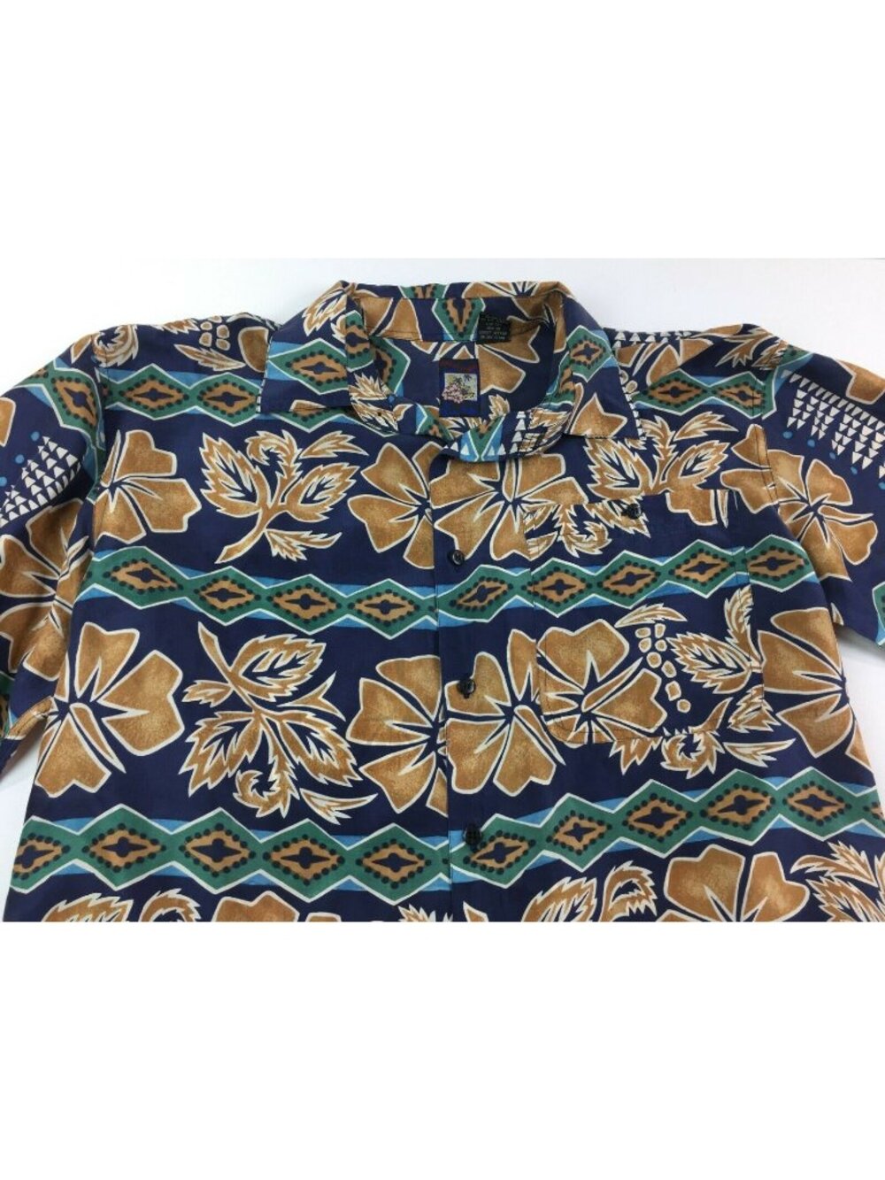 Montage Tropics Men's Hawaiian Shirt Blue Palms Hibiscus Yellow Green Size M